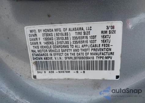 2008 Honda Odyssey Ex-L из США, поврежденный, VIN 5FNRL38768B058418